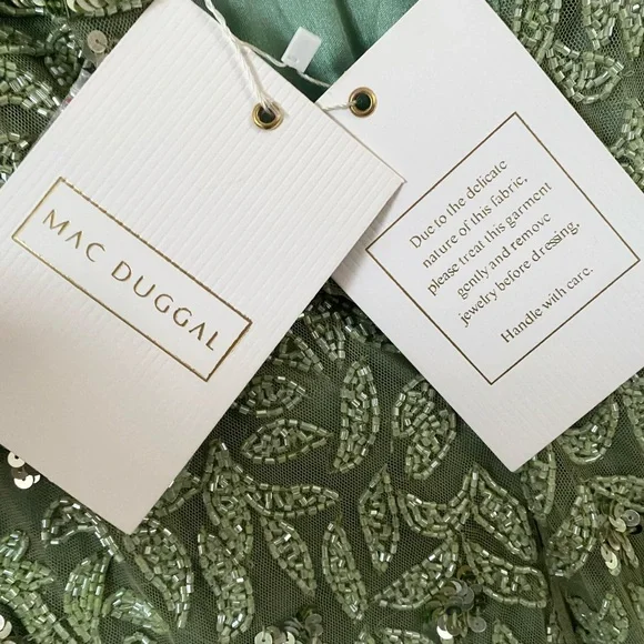 $698 Mac Duggal High Neck Beaded Sequin Fringe Sage Green Gown Dress 4908 Size 4 - Picture 12 of 15